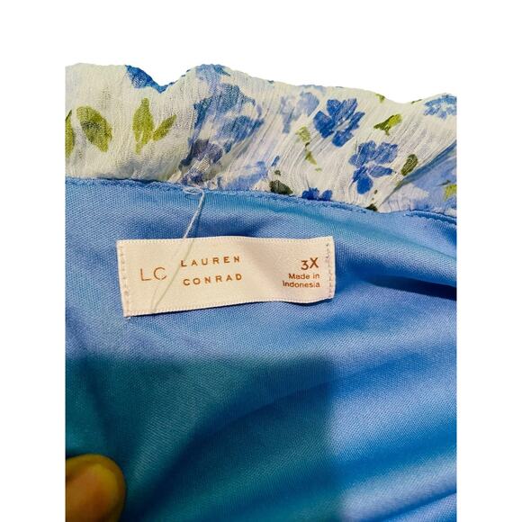 LC Lauren Conrad Floral Pleated Empire Waist Chiffon V Neck Midi Dress Blue 3X - Picture 5 of 12